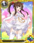 1girl artist_request breasts brown_eyes brown_hair card_(medium) character_name chess_piece dress gloves hair_ribbon high_school_dxd murayama_(high_school_dxd) official_art open_mouth panties pawn ribbon smile solo thigh-highs torn_clothes trading_card twintails underwear wedding_dress white_panties 