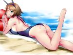  &gt;_o 1girl alternate_costume ass beach blue_eyes breasts brown_hair casual_one-piece_swimsuit full_body headgear highres judge_(oekaki) kantai_collection light_smile mutsu_(kantai_collection) no_gloves no_legwear ocean one-piece_swimsuit one_eye_closed sand short_hair sideboob solo swimsuit water 