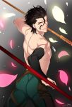  1boy black_hair detached_sleeves fate/zero fate_(series) highres holding holding_weapon jewelry lance lancer_(fate/zero) looking_at_viewer mole mole_under_eye necklace one_eye_closed petals polearm short_hair signature weapon ycco_(estrella) yellow_eyes 