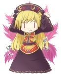  1girl blonde_hair chibi dress hat jagabutter junko_(touhou) long_hair looking_at_viewer multiple_tails red_eyes revision smirk solo tabard tail teasing touhou translated waving_arms |_| 
