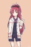  1girl food_in_mouth highres mahou_shoujo_madoka_magica mouth_hold niso_the_strawberry open_\m/ plaid plaid_shirt pocky sakura_kyouko shirt solo standing 