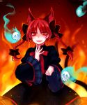  1girl animal_ears black_bow black_dress bow bowtie braid cat_ears cat_tail dress fangs fiery_background fire flaming_skull hair_bow hair_ribbon highres hitodama juliet_sleeves kaenbyou_rin long_sleeves looking_at_viewer multiple_tails open_mouth puffy_sleeves red_bow red_bowtie red_eyes redhead ribbon skull smile solo tail tis_(shan0x0shan) touhou tress_ribbon twin_braids two_tails wide_sleeves 