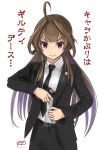  1girl ahoge alternate_costume belt black_necktie brown_hair commentary_request double_bun formal gun handgun harut_n holding holding_gun holding_weapon kantai_collection kongou_(kantai_collection) long_hair long_sleeves looking_at_viewer m1911 necktie pant_suit pin pistol solo suit translation_request twitter_username violet_eyes weapon 