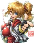  1girl ;d amania_orz anniversary blonde_hair blue_eyes breasts copyright_name excellen_browning fingerless_gloves gloves hair_ornament heart jacket large_breasts long_hair long_sleeves looking_at_viewer one_eye_closed open_mouth pointing ponytail simple_background smile solo super_robot_wars translation_request upper_body white_background 