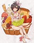  1girl :p ankle_ribbon antenna_hair apple barefoot black_hair bow breasts cake cherry cleavage collarbone eating food food_on_face fruit full_body grapes hair_bow highres holding holding_fruit ice_cream idolmaster kikuchi_makoto kiwifruit looking_at_viewer mandarin_orange nishina_ryo pink_eyes pudding short_hair sitting smile solo strawberry tongue tongue_out traditional_media underwear wristband 