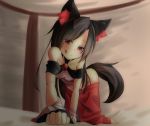  1girl all_fours alternate_costume animal_ears aranagi_(arng_4401) bare_shoulders brooch brown_hair crawling detached_sleeves dress imaizumi_kagerou jewelry long_sleeves looking_at_viewer naughty_face off_shoulder red_eyes skirt skirt_down solo tail tongue tongue_out touhou wolf_ears wolf_tail 