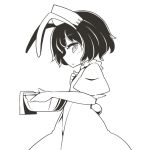  1girl animal_ears bowl bunny_tail dress hat inaba_tewi jagabutter looking_at_viewer monochrome nurse nurse_cap rabbit_ears short_hair solo tail touhou towel 