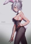  1girl animal_ears arm_at_side battle_bunny_riven black_legwear breasts bunny_tail bunnysuit character_name female folded_ponytail from_side geoly hand_on_hip league_of_legends lips looking_at_viewer off_shoulder pantyhose rabbit_ears red_eyes riven_(league_of_legends) sideboob silver_background silver_hair solo tail 