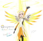  1girl :d arm_up black_boots blush bodysuit boots character_name cosplay emblem fate/kaleid_liner_prisma_illya fate_(series) headgear highres holding_staff illyasviel_von_einzbern knee_boots loincloth long_hair mechanical_wings mercy_(overwatch) mercy_(overwatch)_(cosplay) open_mouth orange_legwear overwatch pantyhose pelvic_curtain red_eyes shirt short_hair signature silver_hair smile solo wings 