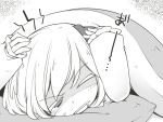  1girl blanket drooling half-closed_eye headache holding_head jagabutter lying monochrome on_stomach one_eye_closed pillow rumia shaded_face short_hair solo touhou translated under_covers 