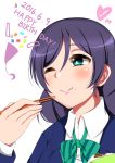  birthday blush chopsticks green_eyes long_hair love_live!_school_idol_project low_twintails seifuku toujou_nozomi twintails violet_hair wink 