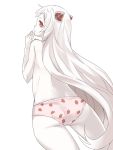  1girl airfield_hime ass back from_behind kantai_collection long_hair maruki_(punchiki) panties print_panties profile red_eyes shinkaisei-kan simple_background solo strawberry_panties strawberry_print topless underwear underwear_only very_long_hair white_background white_hair white_skin 