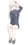  :d alternate_costume flower grey_eyes hair_flower hair_ornament jacket kantai_collection kawashina_(momen_silicon) long_sleeves looking_at_viewer one-piece_swimsuit open_mouth ro-500_(kantai_collection) school_swimsuit silver_hair sitting slippers smile swimsuit 