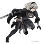  1girl bangs black_boots black_dress black_gloves blurry boots breasts cleavage closed_mouth copyright_name covered_eyes depth_of_field dress eyepatch full_body gloves hair_over_eyes holding holding_sword holding_weapon large_breasts nier_automata puffy_sleeves running see-through side_slit simple_background solo sword thigh-highs thigh_boots uni_(gugurutan) weapon white_background yorha_unit_no._2_type_b 