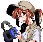  1girl brown_eyes brown_hair fio_germi glasses hat headphones metal_slug shinapuu short_sleeves simple_background tied_hair vest white_background 