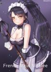  1girl alternate_costume bare_shoulders black_hair blush breasts cleavage cuffs enmaided forehead_jewel french_maid_nidalee hanato_(seonoaiko) holding holding_weapon large_breasts league_of_legends light_smile long_hair looking_at_viewer maid maid_headdress nidalee ponytail simple_background smile solo twitter_username very_long_hair weapon yellow_eyes 