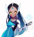  1girl black_hair blue_dress breasts cowboy_shot cube cyborg dark_skin dress earrings forehead_jewel headgear highres hologram jewelry long_hair looking_at_viewer mechanical_arm necklace overwatch simple_background solo symmetra_(overwatch) visor white_background yellow_eyes 
