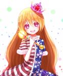  1girl :d american_flag_dress arm_behind_back blonde_hair clownpiece crown frilled_sleeves frills hair_between_eyes head_tilt highres long_hair looking_at_viewer neck_ruff open_mouth rie-co short_sleeves simple_background smile solo sparkling_eyes star striped torch touhou upper_body very_long_hair violet_eyes wand white_background 