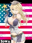  1girl american_flag blonde_hair blue_eyes breasts character_name cleavage elbow_gloves fingerless_gloves garter_straps gloves hair_between_eyes highres iowa_(kantai_collection) kantai_collection large_breasts long_hair miniskirt one_eye_closed skirt solo star star-shaped_pupils symbol-shaped_pupils thigh-highs tororo_ten 