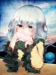  1girl elbow_rest elbows_on_table frills grey_eyes heart heart-shaped_pupils highres komeiji_koishi looking_at_viewer no_hat power_lines silver_hair solo suzune_hapinesu symbol-shaped_pupils touhou transmission_tower tree 
