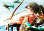  1girl aircraft airplane arrow black_hair blue_eyes bow_(weapon) clouds cloudy_sky commentary_request eyebrows eyebrows_visible_through_hair flight_deck hakama houshou_(kantai_collection) japanese_clothes kantai_collection kimono long_hair open_mouth ponytail sheepd sky solo upper_body weapon 