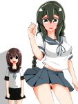  2girls alternate_eye_color alternate_hair_color black_eyes blush braid breasts brown_hair flat_chest fubuki_(kantai_collection) full-face_blush getumentour green_eyes green_hair hair_between_eyes isonami_(kantai_collection) kantai_collection large_breasts long_hair multiple_girls open_mouth panties pantyshot pantyshot_(standing) pleated_skirt remodel_(kantai_collection) ribbon school_uniform serafuku short_sleeves skirt standing underwear white_panties wind wind_lift 