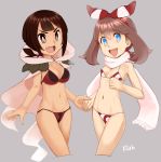  2girls bikini blue_eyes breasts brown_eyes brown_hair cape fang groin hair_ribbon hairband haruka_(pokemon) haruka_(pokemon)_(remake) higana_(pokemon) highres holding_hands hosituyosi light_brown_hair multiple_girls navel pokemon pokemon_(game) pokemon_oras ribbon scarf small_breasts swimsuit tsurime white_scarf 