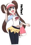  1girl bag blue_eyes brown_hair double_bun hand_up handbag hosituyosi mei_(pokemon) navel open_mouth pantyhose pokemon pokemon_(game) pokemon_bw2 short_shorts shorts smile solo twintails visor_cap wristband 