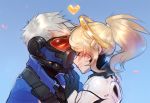 1boy 1girl ^_^ blonde_hair blue_background blush bodysuit closed_eyes couple face-to-face gloves grin hand_on_another&#039;s_chin heart hensa hetero high_ponytail jacket mask mechanical_halo mercy_(overwatch) overwatch petals ponytail scar short_hair silver_hair smile soldier:_76_(overwatch) watermark web_address 
