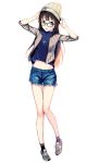 1girl adjusting_clothes adjusting_hat bespectacled brown_hair casual deca_purio full_body glasses green_eyes hat idolmaster idolmaster_cinderella_girls jewelry long_hair looking_at_viewer navel necklace shibuya_rin shorts simple_background solo 