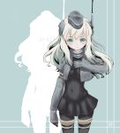  1girl aqua_background aqua_eyes artist_request character_name covered_navel cropped_jacket garrison_cap hat highres kantai_collection long_hair long_sleeves looking_at_viewer military military_uniform platinum_blonde puffy_long_sleeves puffy_sleeves simple_background solo u-511_(kantai_collection) uniform 