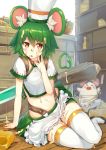  1girl absurdres ahoge animal animal_ears apron arm_support belt_buckle bowl buckle cheese chef_hat collar crop_top food food_on_body food_on_face full_body green_hair green_skirt hair_between_eyes hand_on_own_face hat heart heart-shaped_pupils heart_tail highres indoors ketchup kitchen knife last_period licking looking_at_viewer midriff mouse mouse_ears mouse_tail navel orange_eyes ratte_(last_period) ruma_imaginary shelf shoes short_hair sitting skirt solo symbol-shaped_pupils tail thigh-highs tongue tongue_out weapon white_legwear wooden_floor yokozuwari 