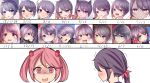  akebono_(kantai_collection) bell blush commentary_request eyebrows eyebrows_visible_through_hair flower hair_bell hair_bobbles hair_flower hair_ornament highres kantai_collection long_hair neit_ni_sei open_mouth pink_eyes pink_hair purple_hair reaction sazanami_(kantai_collection) short_hair side_ponytail surprised trembling violet_eyes 