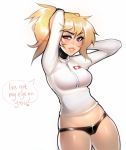  1girl arms_up black_panties blonde_hair blue_eyes breasts casual cowboy_shot crotch_zipper english eyebrows grin groin hensa jacket lips lowleg lowleg_panties mercy_(overwatch) no_pants overwatch panties ponytail smile solo sparkle speech_bubble swiss_flag thighs underwear watermark web_address white_background white_jacket zipper 