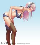  1girl adjusting_clothes adjusting_legwear bent_over blush bra breasts brown_legwear from_side hanging_breasts large_breasts lingerie long_hair looking_at_viewer mleth nitroplus panties pink_eyes pink_hair solo super_sonico thigh-highs underwear underwear_only 