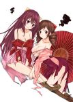  2girls all_fours brown_hair drill_hair hakama harukaze_(kantai_collection) japanese_clothes kamikaze_(kantai_collection) kantai_collection kimono long_hair meiji_schoolgirl_uniform mirai_(mirai76_) multiple_girls red_eyes torn_clothes twin_drills umbrella violet_eyes 