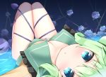  1girl :&lt; blue_eyes blue_rose blush breasts cleavage commentary_request flower frilled_shirt_collar frills green_hair knees_up komeiji_koishi looking_at_viewer lying ominaeshi_(takenoko) on_back partially_submerged rose short_hair solo string touhou 