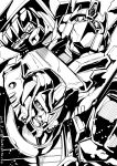  2boys autobot decepticon glowing kamizono_(spookyhouse) machine machinery male mecha megatron monochrome multiple_boys no_humans open_mouth optimus_prime personification robot science_fiction standing transformers transformers_armada 