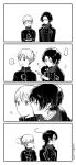  1girl 2boys 4koma :d :o ? arm_up bangs black_hair braid cheek_kiss chibi comic directional_arrow dual_persona earrings female_saniwa_(touken_ranbu) fume furrowed_eyebrows hair_ornament hair_over_shoulder hetero in_palm jacket jewelry kashuu_kiyomitsu kiss laughing long_hair long_sleeves looking_at_another looking_away looking_to_the_side miniboy mole mole_under_mouth motion_lines multiple_boys open_mouth parted_bangs pointing pom_pom_(clothes) ponytail profile saniwa_(touken_ranbu) scarf silent_comic smile spoken_question_mark standing surprised sweat sweatdrop touken_ranbu track_jacket turn_around twitter_username uini upper_body 