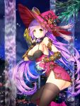  1girl black_legwear breasts cleavage dress finger_to_mouth gabe_(seelunto) hat index_finger_raised jewelry long_hair looking_at_viewer original purple_hair red_hat smile solo thigh-highs water witch_hat yellow_eyes 