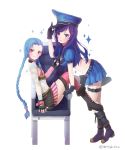  2girls adjusting_clothes adjusting_hat belt blue_eyes blue_hair boots braid breasts bullet caitlyn_(league_of_legends) chair fingerless_gloves gloves grabbing hanato_(seonoaiko) hat jewelry jinx_(league_of_legends) league_of_legends long_hair looking_at_viewer midriff multiple_girls necklace officer_caitlyn pink_eyes police police_hat police_uniform policewoman simple_background sitting skirt small_breasts smile tattoo twin_braids twitter_username uniform very_long_hair weapon 