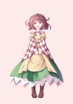  1girl :d apron bell blush boots brown_boots brown_eyes brown_hair checkered_shirt commentary_request cross-laced_footwear full_body green_skirt hair_bell hair_ornament japanese_clothes jingle_bell kimono lace-up_boots long_sleeves looking_at_viewer midorino_eni motoori_kosuzu open_mouth shirt short_hair skirt smile solo touhou two_side_up v_arms wide_sleeves 