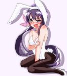  1girl akebono_(kantai_collection) alternate_costume animal_costume animal_ears bare_shoulders blush breasts bunny_costume bunny_girl bunny_tail bunnysuit cleavage commentary_request flower getumentour hair_flower hair_ornament kantai_collection long_hair open_mouth pantyhose purple_hair rabbit_ears simple_background sitting tail very_long_hair violet_eyes white_background 
