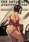  1girl cockpit cover cowboy_bebop faye_valentine from_behind green_eyes hand_on_thigh highres magazine_cover purple_hair short_hair short_shorts shorts solo suspenders tim_yan 