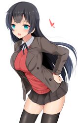  1girl agano_(kantai_collection) alternate_costume aqua_eyes black_hair black_legwear blush breasts casual hand_on_hip hands_on_hips heart jacket kantai_collection large_breasts leaning_forward long_hair long_sleeves looking_at_viewer miniskirt open_mouth pleated_skirt skirt smile solo sweater takeyuu thigh-highs zettai_ryouiki 