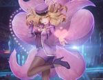  1girl ahri alternate_costume alternate_hair_color animal_ears ass bangs blonde_hair bow breasts cleavage cosplay crowd floating_hair fox_ears fox_tail hanato_(seonoaiko) hat hat_bow heart high_heels jacket kitsune league_of_legends long_hair looking_at_viewer multiple_tails one_leg_raised open_clothes open_jacket peaked_cap popstar_ahri smile tail thighs twitter_username whisker_markings yellow_eyes 