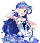  1girl artist_name asari_nanami bare_shoulders blue_eyes blue_hair blush choker dress fish_hair_ornament gloves hair_ornament hand_on_hip idolmaster idolmaster_cinderella_girls idolmaster_cinderella_girls_starlight_stage jewelry long_hair looking_at_viewer one_eye_closed open_mouth simple_background sleeveless sleeveless_dress smile solo songmil tiara very_long_hair white_background white_dress white_gloves 