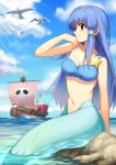  1girl absurdres animal aqua_(di_gi_charat) arm_at_side bangs bird blue_eyes blue_hair blue_sky blurry boat breasts cleavage closed_mouth clouds crop_top depth_of_field di_gi_charat eyebrows eyebrows_visible_through_hair flag hair_tubes highres long_hair mermaid monster_girl navel ocean outdoors profile rock seagull sidelocks single_strap sitting skull_print sky smile solo stomach ume_ren watercraft 