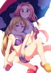  2girls alternate_hairstyle anarogumaaa ball beachball bikini blonde_hair blue_bikini blush crocs full_body hair_ornament hairclip hug long_hair looking_at_viewer low-tied_long_hair multiple_girls parasol pink_hair purple_bikini saigyouji_yuyuko shade simple_background sitting smile swimsuit touhou umbrella violet_eyes white_background yakumo_yukari 