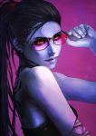  1girl absurdres artist_name bare_shoulders black_hair breasts casual ear_studs earrings floral_print glasses highres holding holding_glasses jewelry lips monori_rogue nail overwatch ponytail profile purple_hair purple_lips purple_skin solo sunglasses tattoo widowmaker_(overwatch) yellow_eyes 